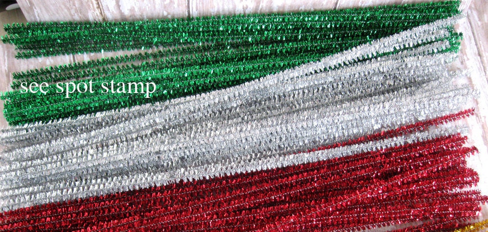 50 Tinsel Pipe Cleaners Red Silver Green Metal Metallic 