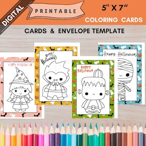 May include: Four printable 5x7 inch coloring cards featuring Halloween characters. The characters are a witch, a vampire, Frankenstein's monster, and a mummy. Each card has a different background pattern with ghosts, pumpkins, and bats.