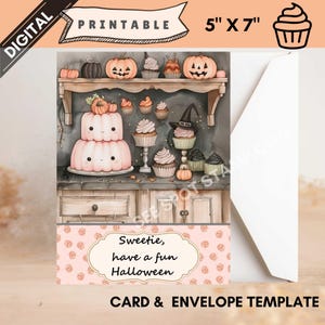 Carte de voeux d'Halloween imprimable, jolie armoire orange rose pastel avec desserts, cupcakes, téléchargement numérique instantané