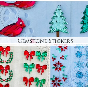Christmas Gemstone Stickers adhesive gems winter snowflakes poinsettia red flower Pine Trees Cardinal birds holly berryr rhinestone jewel image 1