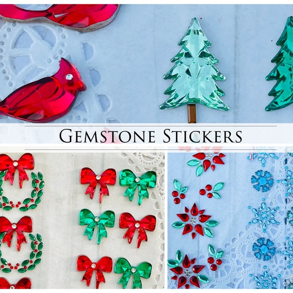 Christmas Gemstone Stickers adhesive gems winter snowflakes poinsettia red flower Pine Trees Cardinal birds holly berryr rhinestone jewel