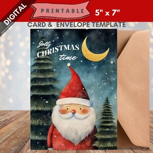 Carte de Noël imprimable carte du père Noël téléchargement numérique instantané salutations nature art illustration forêt boisée pdf numérique weihnachtskarte