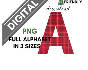 Red Plaid Alphabet Digital printable for stickers, tags, decor,  you print at home download PNG Christmas Alphabet