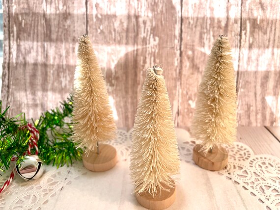 3 WHITE Bottle Brush Tree 3 1/2 Inch Mini Christmas Miniature Little Small  Sisal Trees Natural Ivory off Natural Xmas Tiny Pine W1 