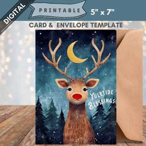 Afdrukbare kerstmiskaart voor winterwenskaart digitale download kerstfeestgroeten heidense winterviering nacht rendierhert pdf