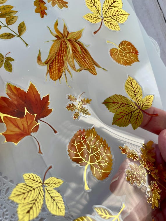 Stickers Fall Leaves leaf Maple Oak Corn die cut embellishment Autumn Leaf  Card making resin crafts gold foil accents clear mylar H12