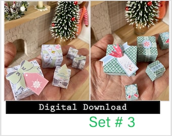 May include: Set of six digital printable Christmas gift boxes with a green and white patterned design. The boxes feature a variety of festive designs, including snowflakes, bows, and the word "Christmas".