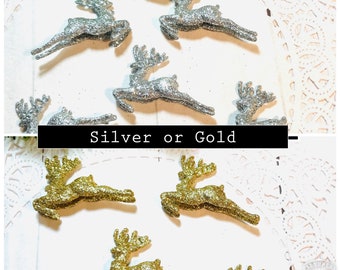 6 Miniature Deer Reindeer GOLD SILVER Christmas Buck with antlers Putz Houses Glitter House decoration flying small tiny little  diorama w2