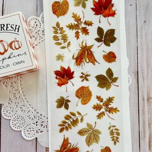 Pu&ograve; includere: Un foglio di adesivi a tema autunnale con vari disegni di foglie nei toni del rosso, dell'arancione e del verde. Gli adesivi raffigurano foglie d'acero, foglie di quercia e altri fogliami autunnali. &Egrave; visibile una piccola scatola con la scritta "FRESH PUMPKINS".