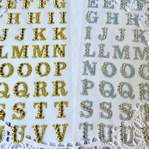 Gold or Silver Alphabet Letters Christmas 3D Stickers Sheet glitter letter stickers with rhinestone alphabet stickers 1/2 inch .75 inches B6