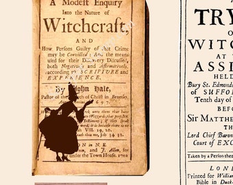 Download digitale di Halloween Vintage Witch Trial Papers Ephemera scaricabili jpeg pdf stampe che stampi silhouette antica Salem Massachuesetts