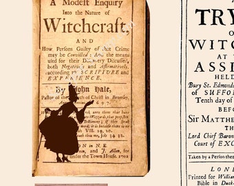 Halloween digital download Vintage Witch Trial Papers Ephemera downloable jpeg pdf prints you print antique silhouette Salem Massachuesetts