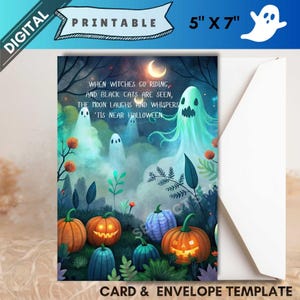 Carte d'Halloween imprimable en téléchargement numérique Fantôme de nuit fantasmagorique et citrouilles imprimable Halloween artisanat art couleurs vives poème