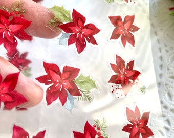 Poinsettia Christmas stickers  Clear Background embellishments Red flower pointsettia sticker sheet Xmas A11