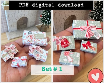 May include: Set of six printable miniature gift boxes for dollhouses or miniature scenes. The boxes are decorated with Christmas themes, including a snowman, a sweater, a Christmas tree, and a bow. The boxes are labelled "To" and "From".