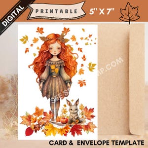 Scheda stampabile Bella ragazza dai capelli rossi download digitale Autunno Equinozio d'autunno coniglio foglie abito rinascimentale foresta bosco testa rossa