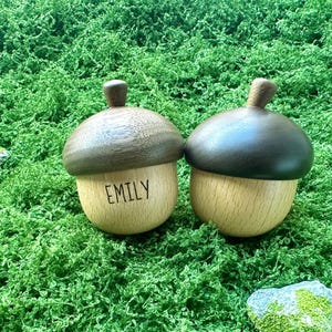 May include: Two wooden acorn-shaped boxes with dark brown tops and light brown bases. One box has the name "EMILY" engraved on it. The boxes are set against a background of green moss.