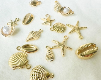 Gold Mini Cowrie Shell Charms: 14k Plated Nautical Jewelry, 16pcs
