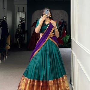 Elegant Kanchipuram lehenga choli, South Indian Half Saree, Pattu Lehenga, South Indian Dress, South Indian Outfits, Kollampattu Lehenga