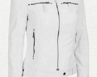 New Women's White Leather Stand Collar Jacket 100% Real Lambskin Style Slim Fit Jacket