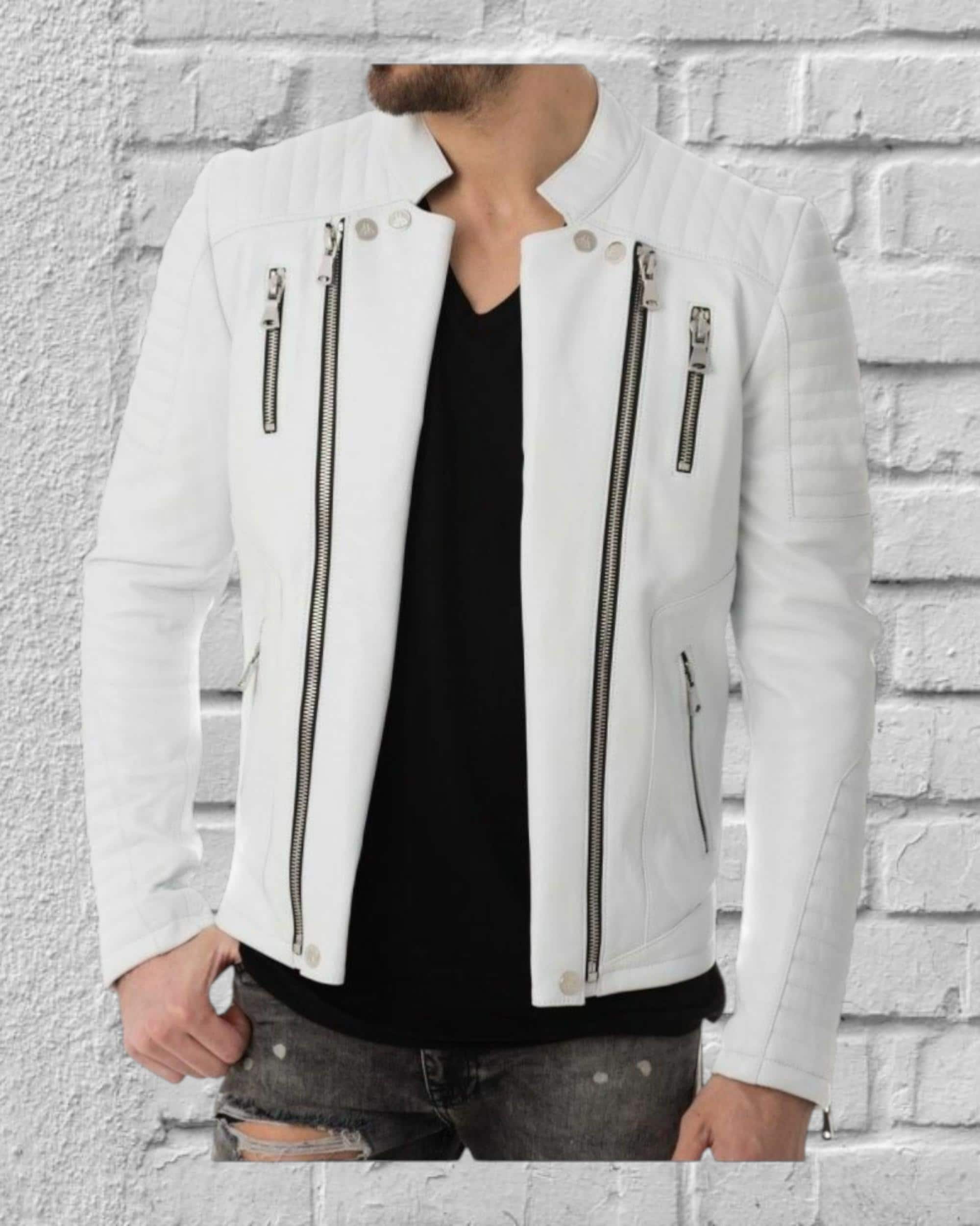 CLASSIC New Men's White Leather Jacket 100% Real Lambskin Moto
