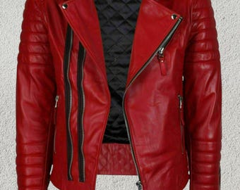Red Sheepskin Leather Biker Jacket - Men's Motorcycle Jacket