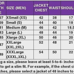 Puede incluir: Una tabla de tallas para chaquetas con un encabezado morado que contiene columnas para el tama&ntilde;o del pecho, talla de chaqueta, pecho de la chaqueta, cintura, hombros y mangas, con medidas indicadas en pulgadas.