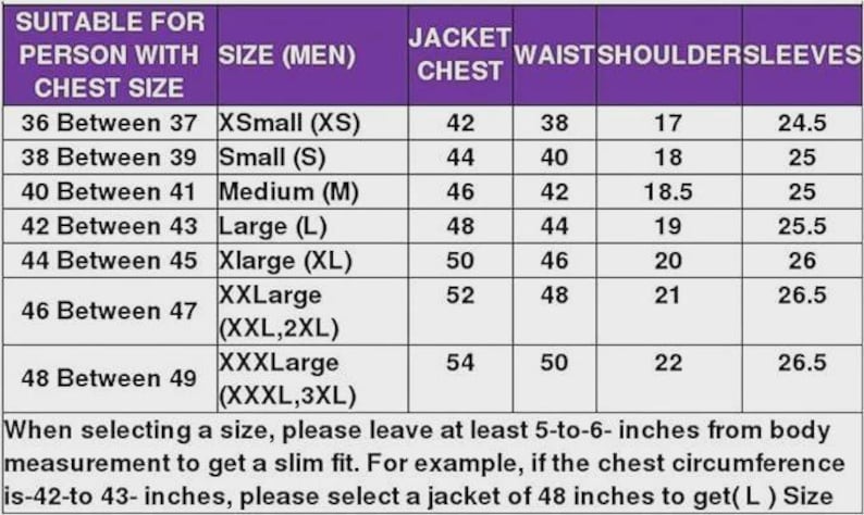 Puede incluir: Una tabla de tallas para chaquetas con un encabezado morado que contiene columnas para el tama&ntilde;o del pecho, talla de chaqueta, pecho de la chaqueta, cintura, hombros y mangas, con medidas indicadas en pulgadas.