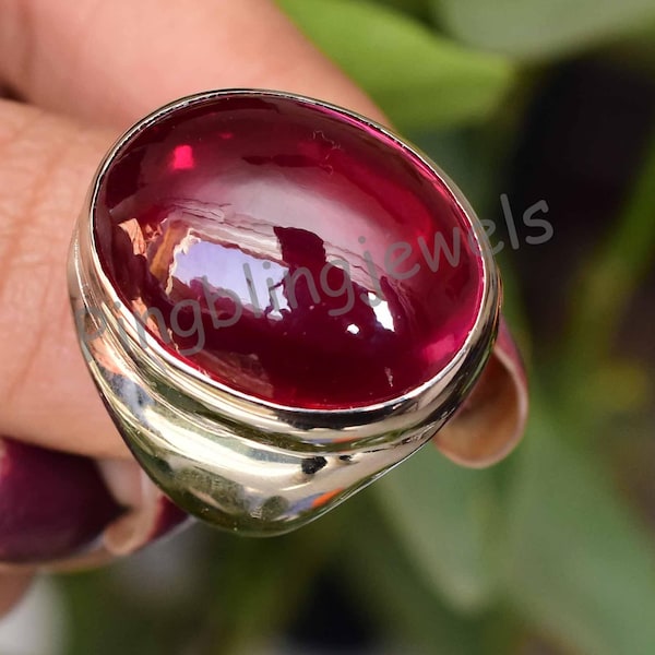 Lab-Grown Red Ruby Cabochon Men's Ring, 925 Sterling Silver, AGSL Certified