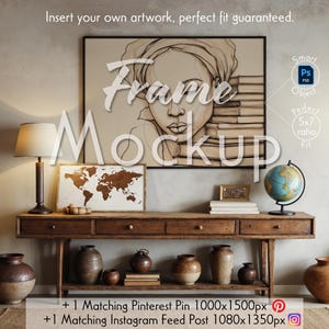 Mockup rustieke muurlijst | Boho aardse decorscène | Slim PSD-object | Antieke tafelkunstdisplay voor boho vintage of reiskunstwerk