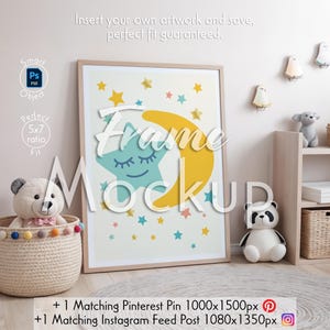 Nursery Wall Art Mockup | Teddy Bear Kids Room Display | Pastel Baby Print Scene | Editable Frame Download for Art Sellers | PSD Template