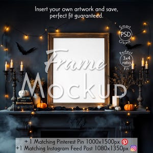 Halloween Vertical Frame Mockup | Spooky Wall Art PSD Template | Gothic Candlelit Fireplace Scene | Smart Object for Artists & Designers