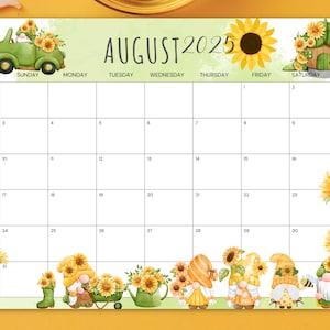 Printable August 2025 Calendar - Sunflower & Gnome Theme - Summer Planner for Kids Family - Cute Monthly Wall Calendar Instant Download PDF
