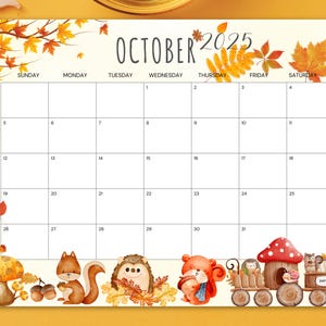 Printable October 2025 Calendar – Fall Leaves & Acorns Woodland Theme - Monthly Wall Planner for Family School Office, Instant Download PDF