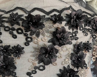 Schwarzer Spitzenstoff Gestickte florale Massenware für Abendkleider und Couture Nähen