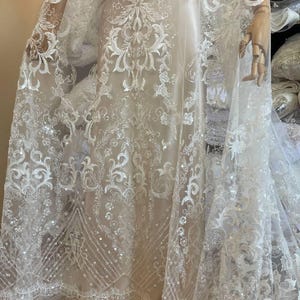 Ivory Lace Fabric, Embroidered Mesh with Sequins, Floral Scroll Design, Soft Tulle Lace for Bridal Gown, Veil Making, Lace by the Yard