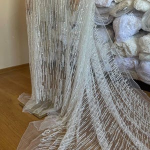 Sparkly Beaded Wedding Fabric, Luxury Sequin Mesh Tulle for Bridal Gown, Beaded Embroidery Material for Dressmaking, Veils or Trains