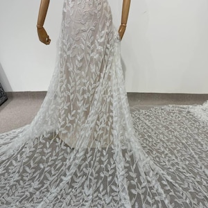 White lace fabric by the yard, floral embroidered tulle with sequins, sparkly bridal lace material for wedding dress, veil and gown sewing