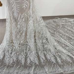 White Embroidered Lace Fabric with Botanical Leaf Pattern, Soft Mesh Lace by Meter for Wedding Dresses