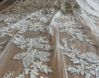 Luxurious Ivory Lace Fabric with Beaded 3D Floral Embroidery, Sequins on Soft Tulle, Ideal for Wedding Corsets, Capes and Gown Accents
