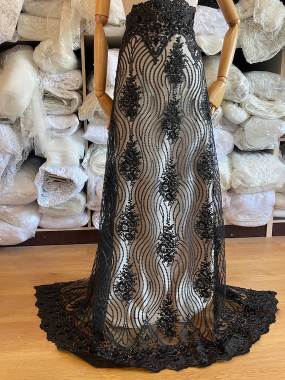 Black Beaded Lace Fabric, Floral Embroidered Mesh Lace, Evening Dress Lace,  Bridal Lace Material - Etsy