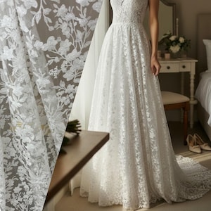 Tela de encaje floral marfil cortada a medida, encaje de tul bordado para boda para costura nupcial