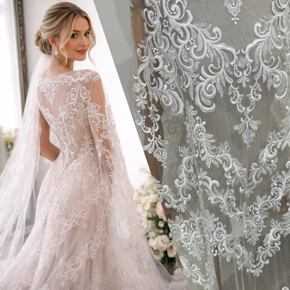 Ivory Embroidered Lace on Tulle Mesh, Floral Pattern, Sheer Ornate Bridal Fabric by the Yard Ivory Embroidered Lace on Tulle Mesh, Floral Pattern, Sheer Ornate Bridal Fabric by the Yard