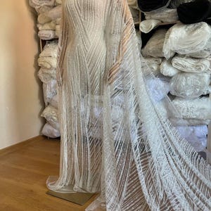 Ivory Beaded Sequin Lace Fabric for Bridal Dress, Luxury Embroidered Tulle Mesh with Iridescent Shine Wedding Gown and Evening Wear Material