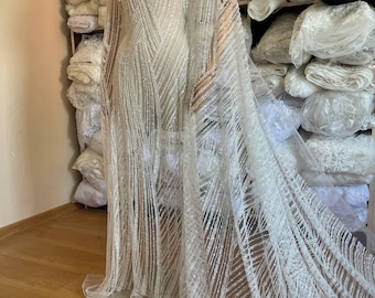 Ivory Beaded Sequin Lace Fabric for Bridal Dress, Luxury Embroidered Tulle Mesh with Iridescent Shine Wedding Gown and Evening Wear Material