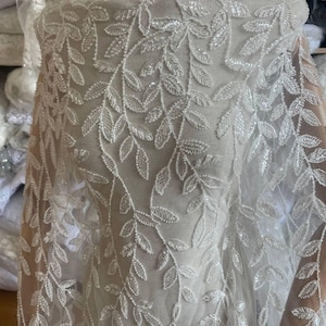 Ivory Floral Lace Fabric by the Yard, Embroidered Mesh for Wedding Dress, Bridal Lace Material, Sheer Fabric for Gown Making Sewing Supplies