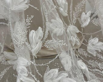 Tela de encaje floral 3D color leche con cuentas, material de encaje bordado para bodas cortado a medida, tela para vestidos de novia