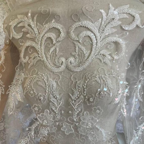 wedding dress lace fabric suppliers Embroidery Flower Lace Fabric, Alencon Lace Material, Ivory Bridal Wedding Dress, Cotton Tulle Leaf Leaves Sequin Veil Fabric by the Yard