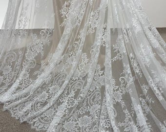 Ivory French Lace Fabric with Floral Pattern and Scroll Embroidery, Sold in 3 Meter Piece