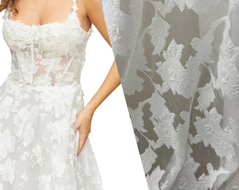 Ivory Floral Lace Fabric Large Pattern, Bridal Lace Material, Wedding Dress Fabric